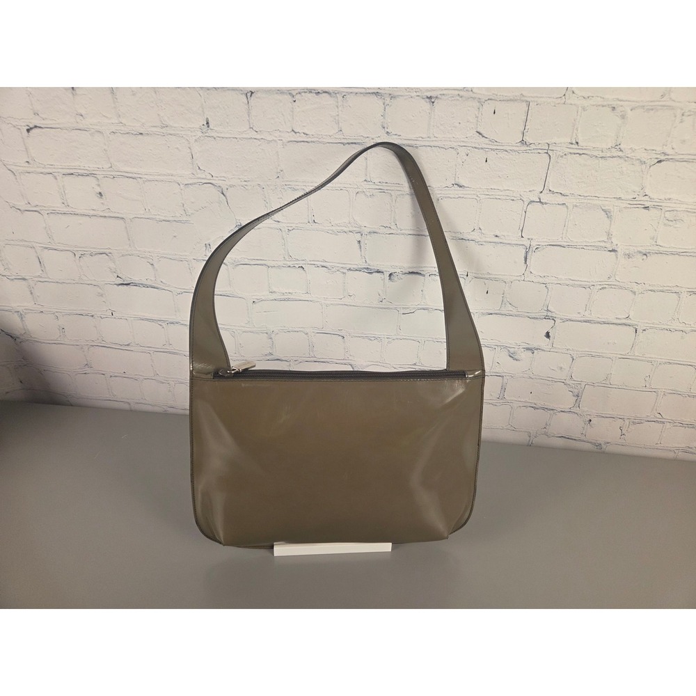 Furla Brown Taupe Patent Leather Shoulder Bag Large Tote Made Italy 13x9.5 purse